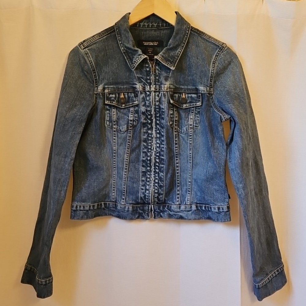ABERCROMBIE & FITCH Women M Blue Stretch Denim Full-Zip Jean Jacket 90s Y2K N19